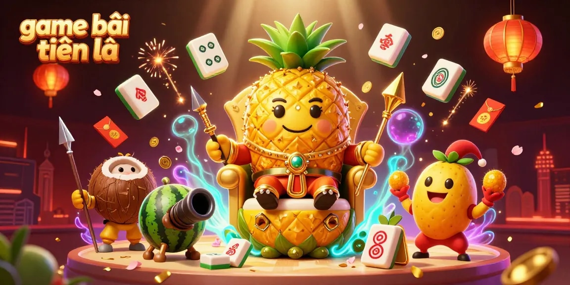 Engage with game bài tiến lên through a vibrant 3D casino scene featuring a royal pineapple king.