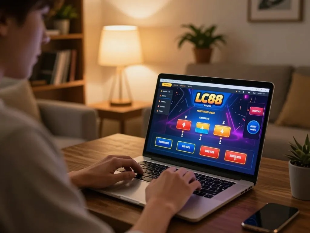 Player engaging with the LC88 online casino platform on a laptop at home, showcasing strategic betting.