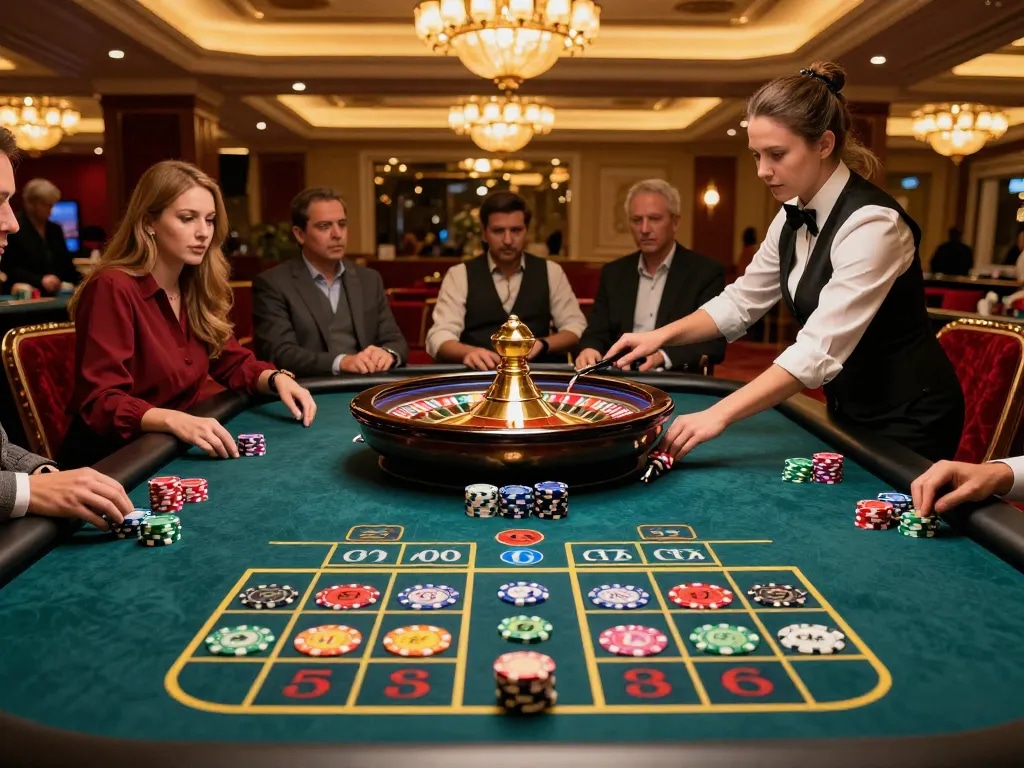 Engaged players at a roulette table enjoying the excitement of gambling at https://da88at.com/ in a luxurious casino.