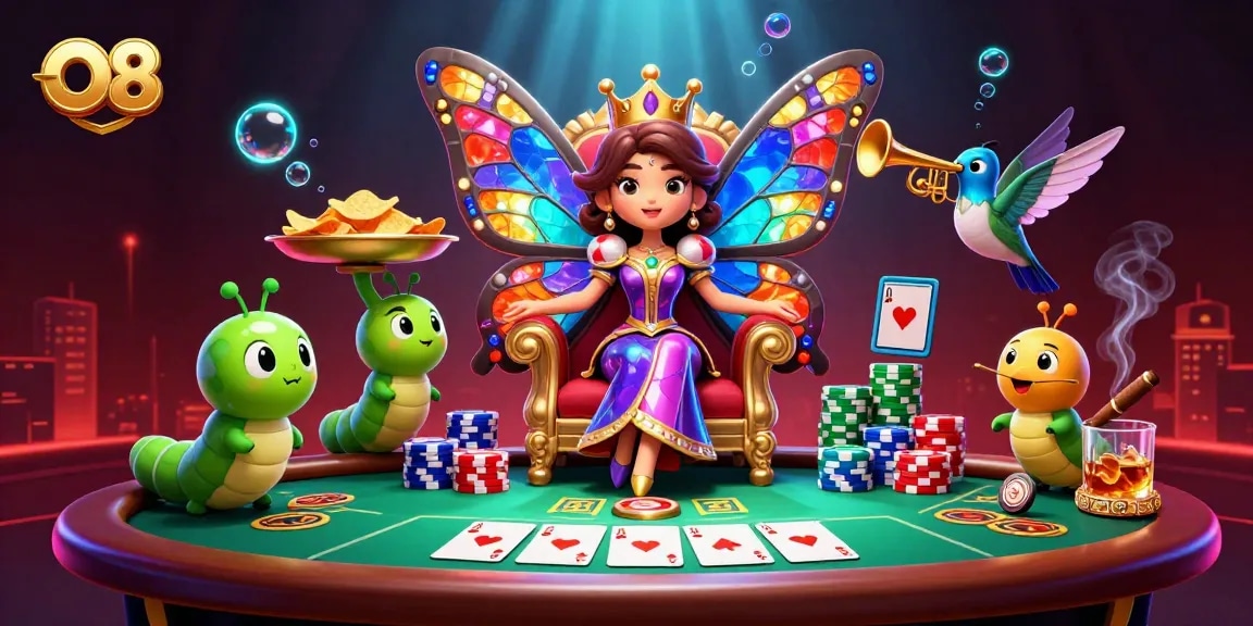 Experience O8's thrilling gaming atmosphere with a vibrant scene of elegant characters and poker elements.