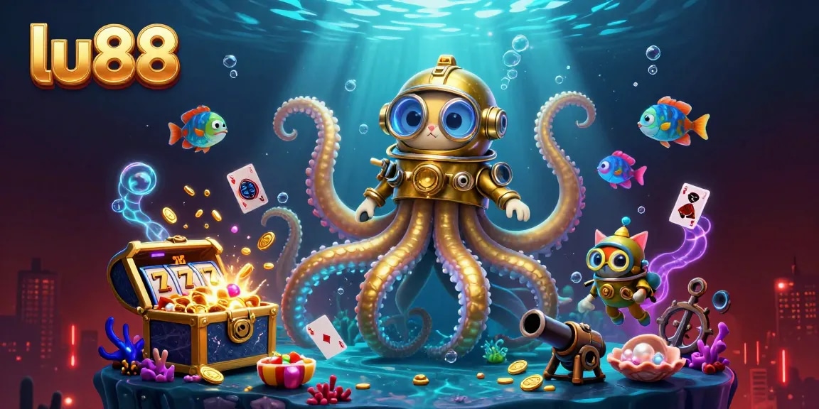 Experience the thrill of lu88 with a vibrant underwater casino adventure featuring a kraken and diving cat.