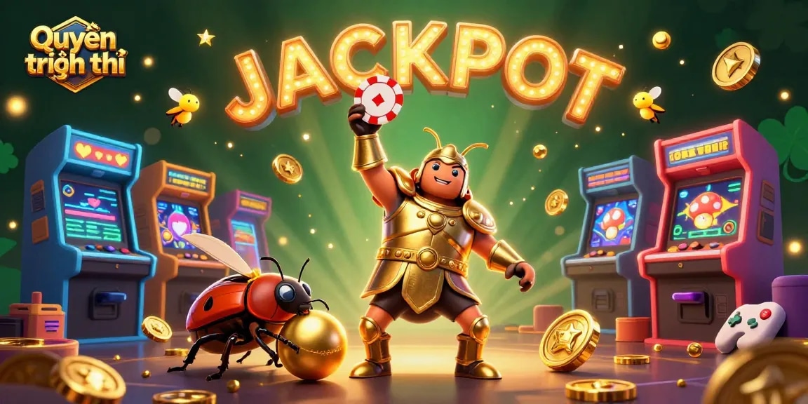 Engage with Quyền riêng tư in a dynamic gambling scene featuring bugs, jackpot celebration, and arcade elements.