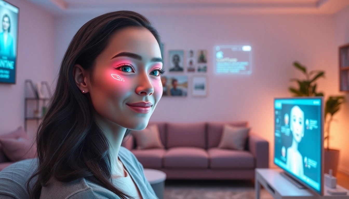 Engaging virtual girlfriend AI character in a cozy setting, showcasing emotional connection and technology.