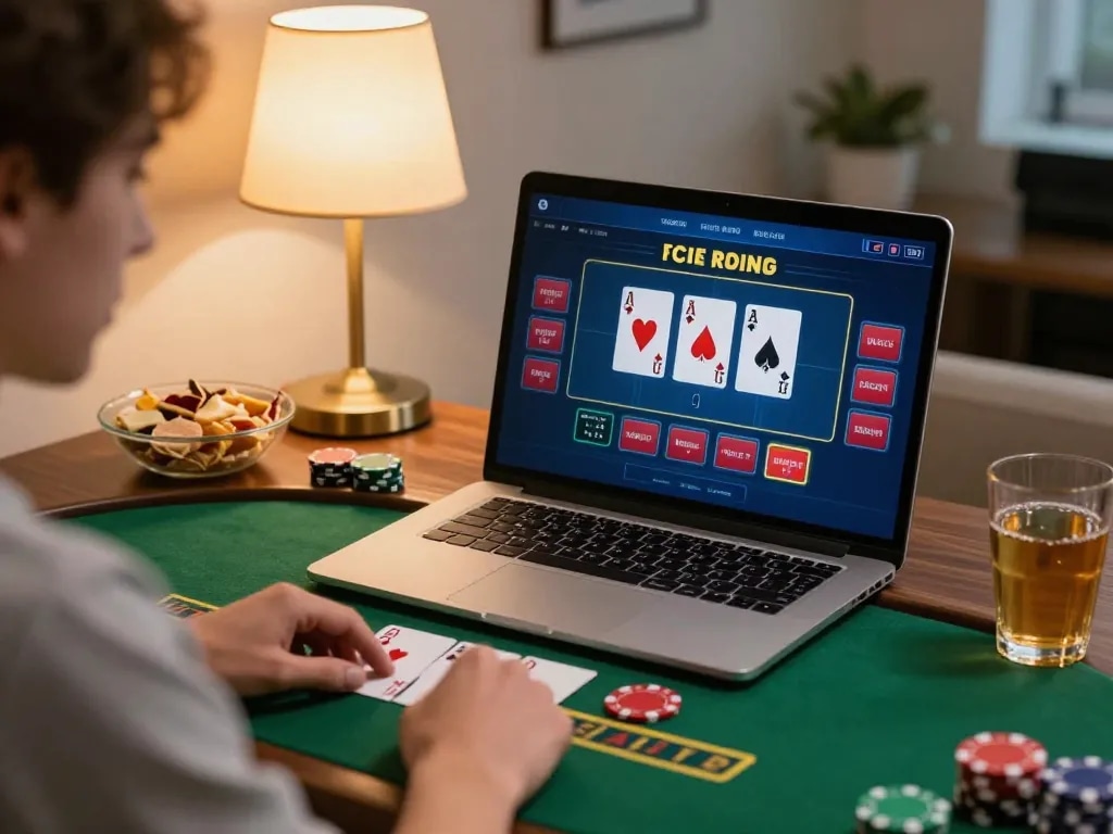 Player enjoying an online bin88 blackjack game at home with strategic focus.