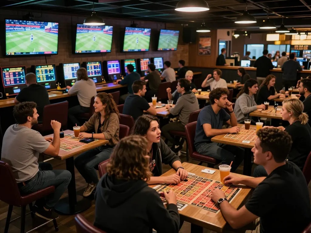 Kèo nhà cái betting scene with excited friends placing wagers in a lively sports bar atmosphere