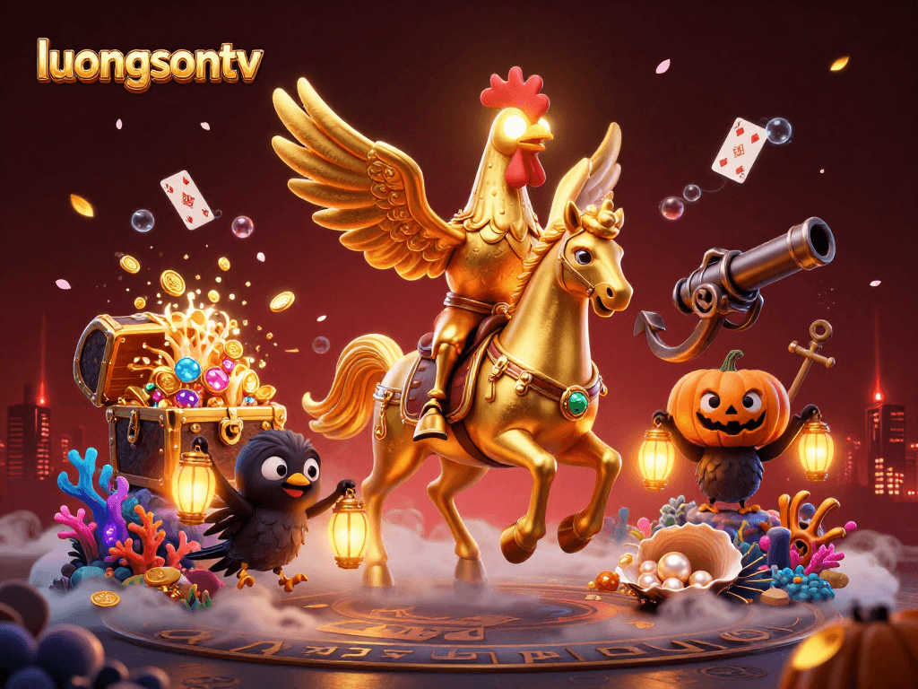 luongsontv features animated casino scenes with a golden rooster riding a spectral horse amidst rich gaming elements