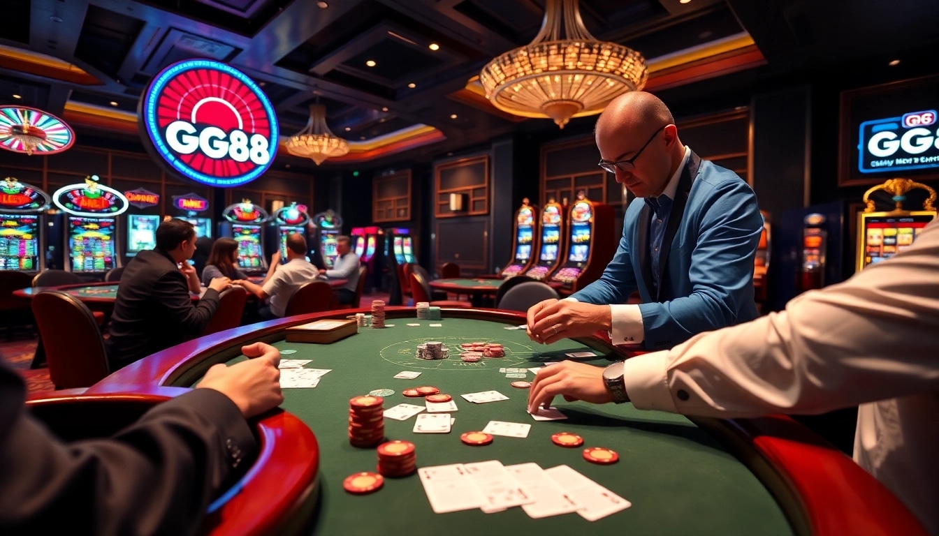 Experience thrilling gameplay at GG88's luxurious casino environment featuring exciting tables and vibrant lights.