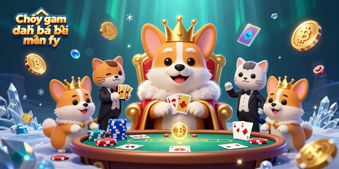Engage in Chơi game đánh bài miễn phí with exciting 3D poker elements featuring a royal corgi and cat butler.