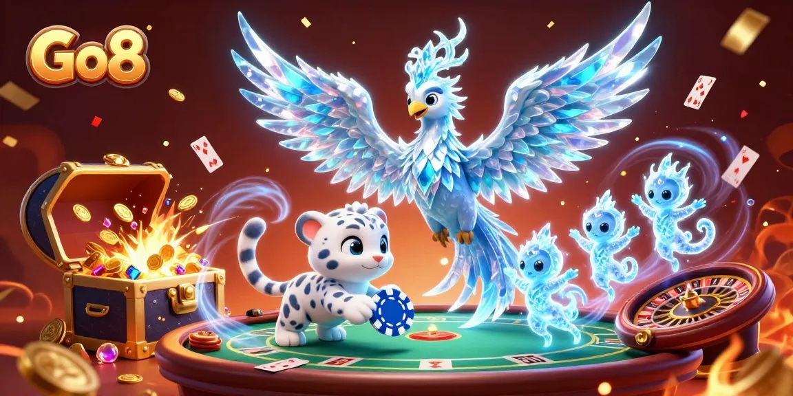 Experience thrilling gaming action at Go8 with vibrant characters and casino elements.