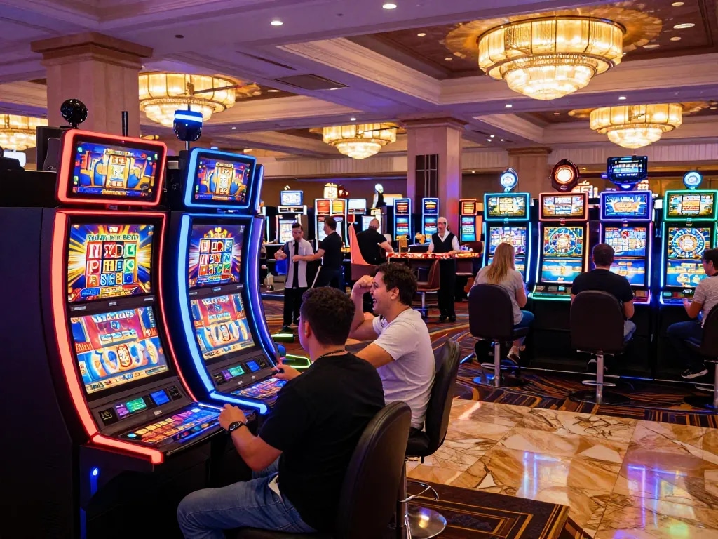 TX88 gaming experience in an energetic casino floor with players engaged at vibrant slot machines.