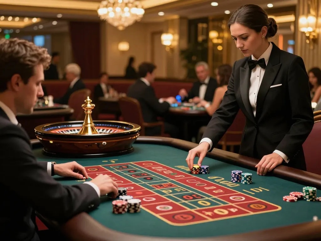 Players placing bets at the roulette table in an elegant casino setting, featuring https://9bet9.in.net.