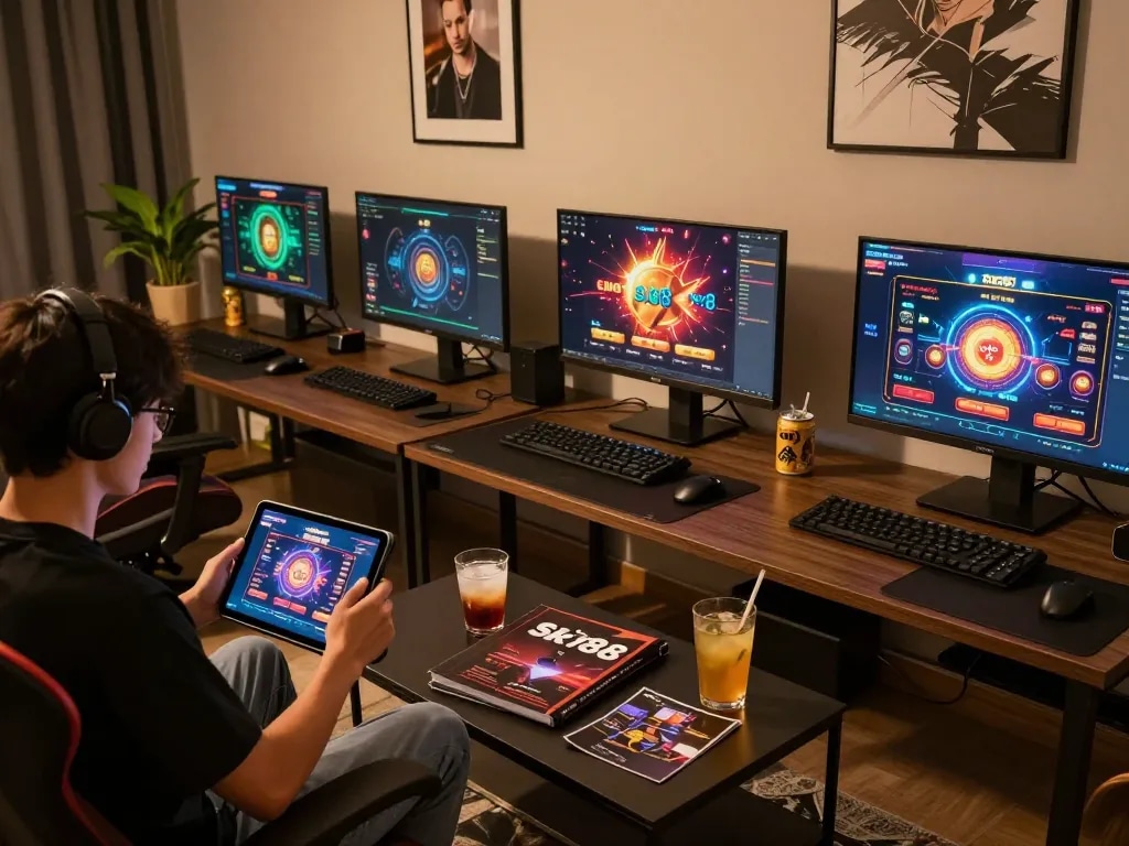Cổng game Sky88 setup shows user strategizing with a tablet in a cozy gaming environment.