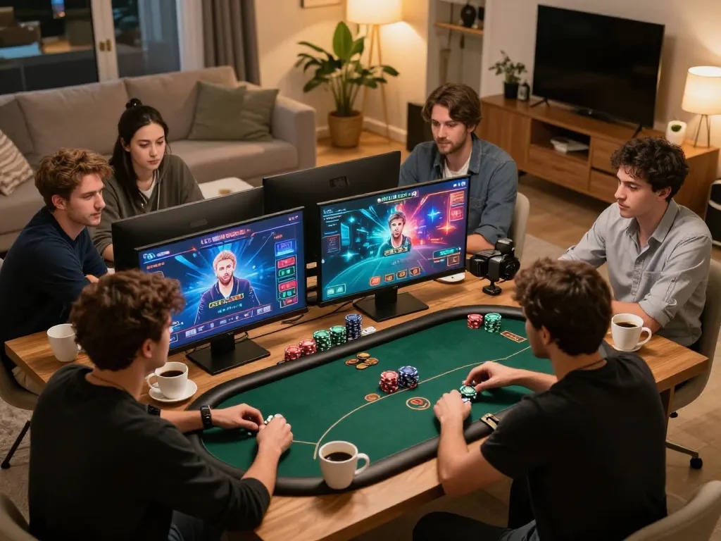 Engaging online poker game at home showcasing players on their devices, showcasing hi88 during active gameplay.