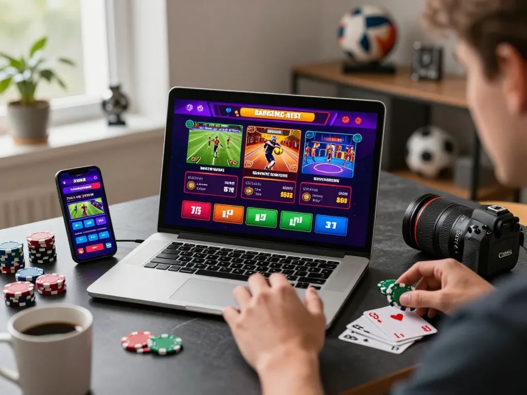 Engaged user enjoying MAY88 online gaming experience with colorful betting graphics and modern setup.