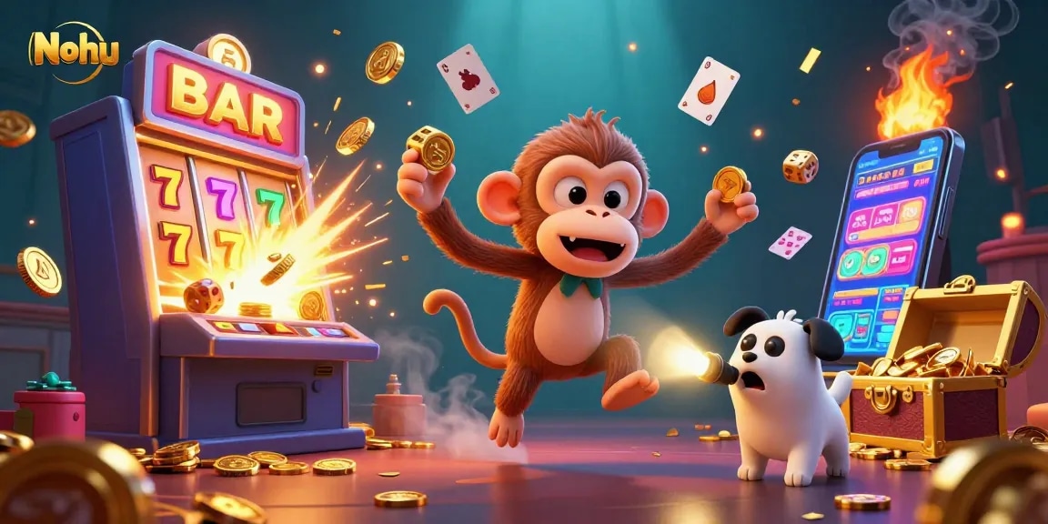 Nohu's mischievous monkey juggles golden casino items while a curious ghost-hunter puppy tracks it in a vibrant casino scene.