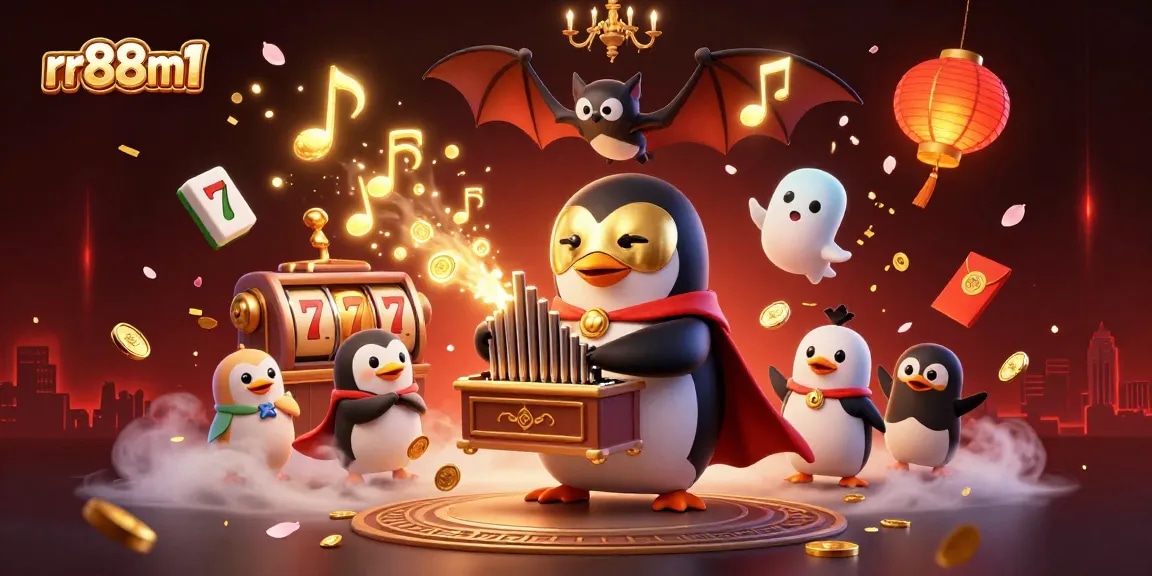 Engage with the thrilling rr88m1 casino experience as a penguin plays amidst a vibrant celebration of games and fortunes.