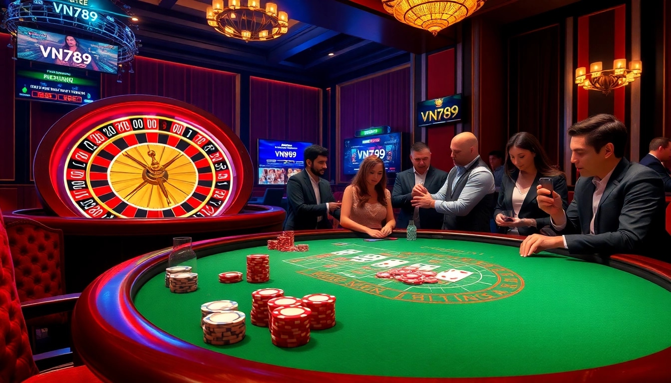 Engaging scene at a casino table with players enjoying VN789 gaming experience.