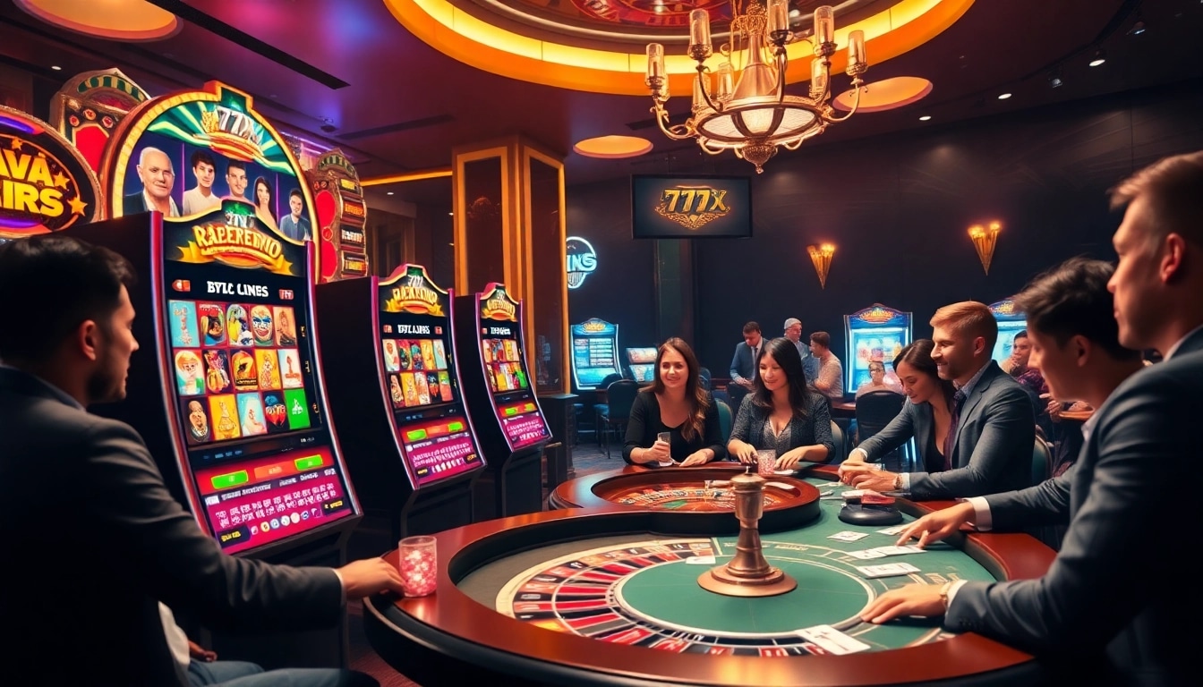 Engaging casino scene with players using the 777X app, featuring vibrant slot machines and poker tables.