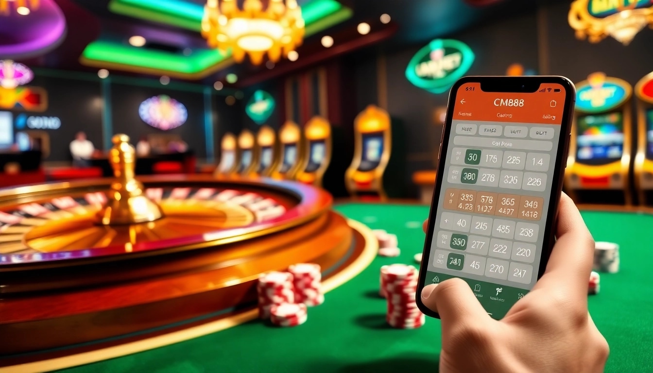 Tải cm88 app displayed on a smartphone amidst luxurious casino elements like poker chips and a roulette wheel.
