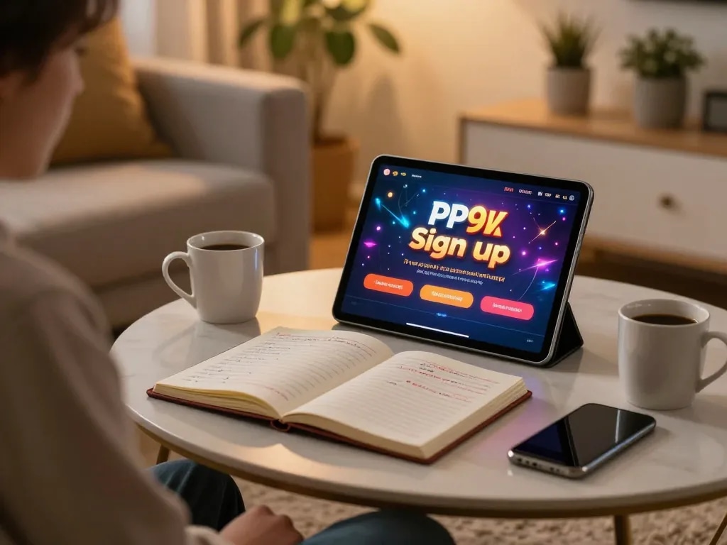 Engaging in online gambling with PP9Win Sign up on tablet, showcasing a cozy home setting.