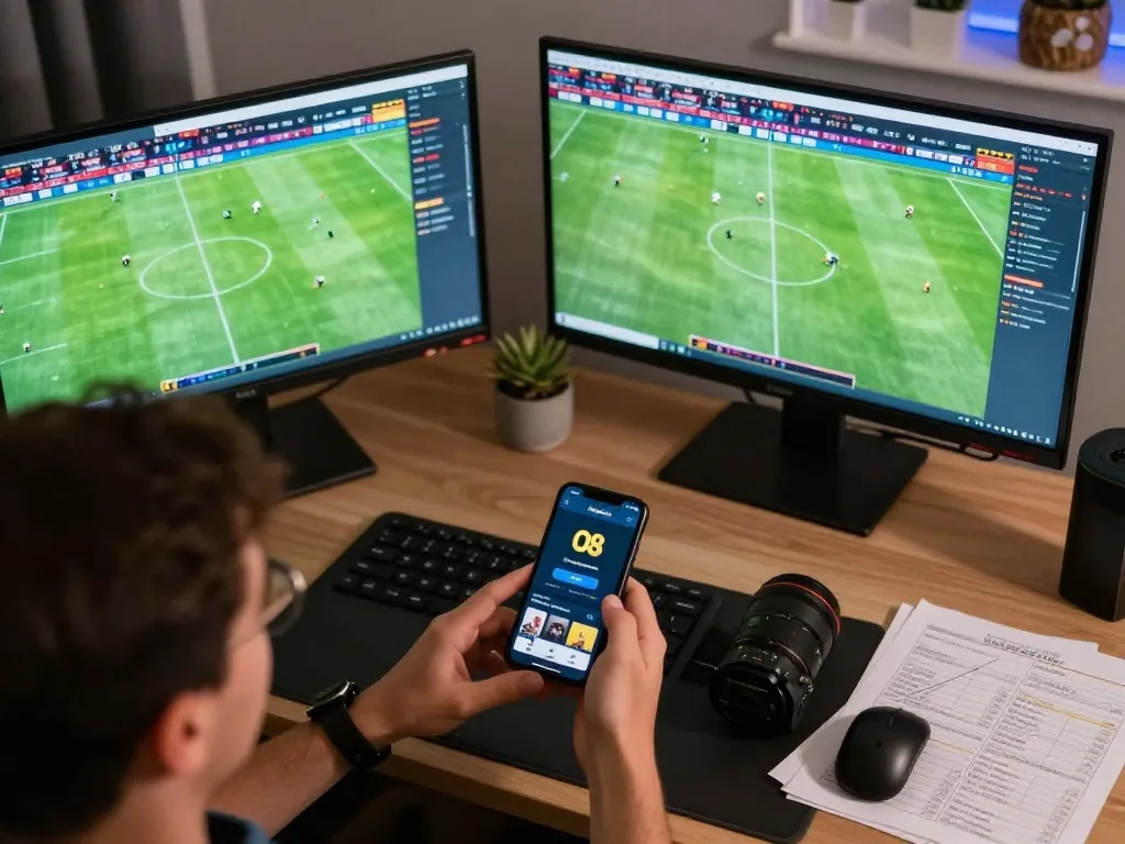 Person actively engaging in online sports betting with O8, analyzing match strategies in a sleek home office.