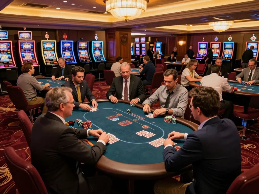 Engaged players at mm88star poker tables showcase a vibrant casino atmosphere with strategic gameplay.