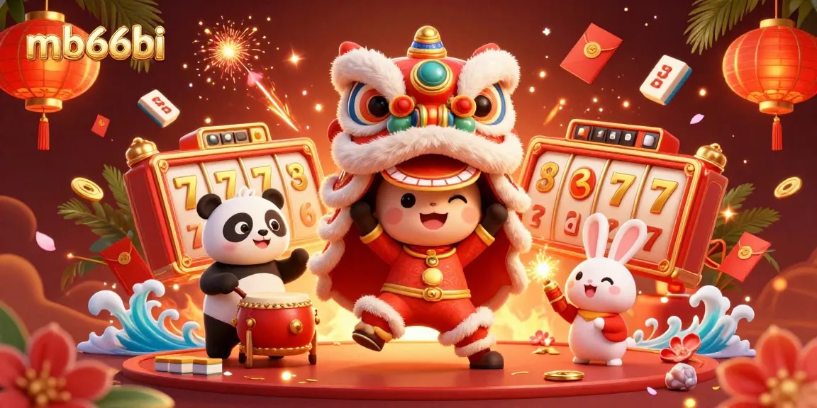 Experience thrilling gameplay at mb66bi with dynamic slots, lion dancing characters, and vibrant casino elements.