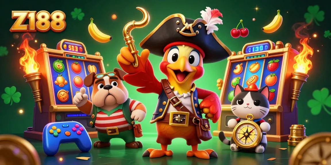 Join Z188's exciting slot adventure with colorful characters and vibrant prizes in this dynamic casino scene.