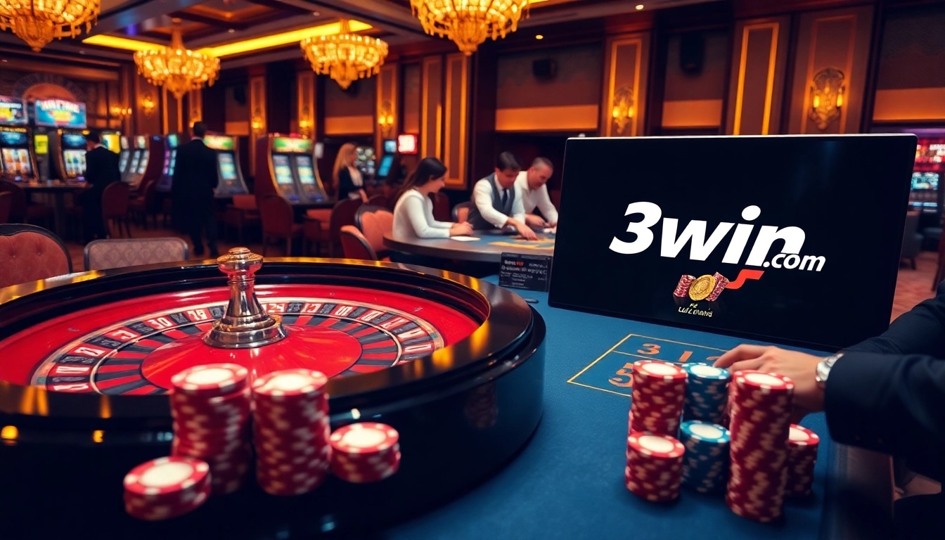 Players enjoying games at 3win.com, with roulette and poker chips in an upscale casino setting.