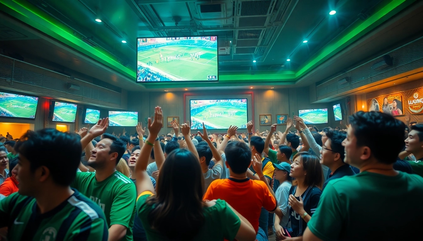 Excited football fans enjoying a match at a lively sports bar, celebrating Luong Son.