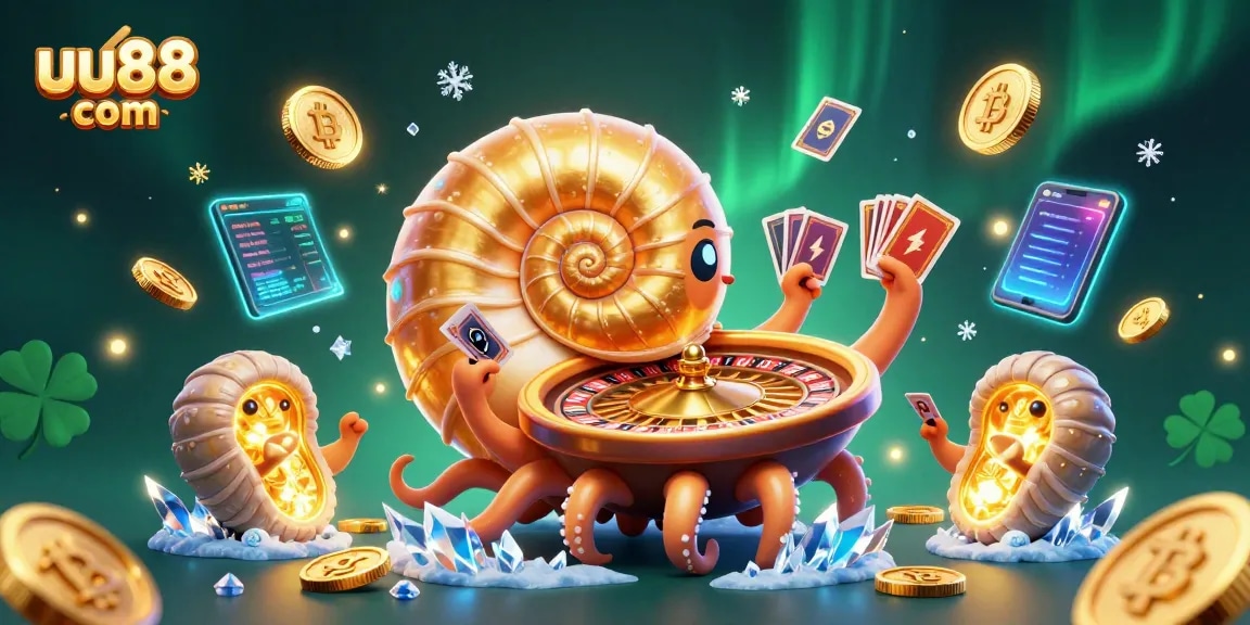 Play exciting games at uu88 com with vibrant 3D graphics, showcasing a giant nautilus and crypto elements.
