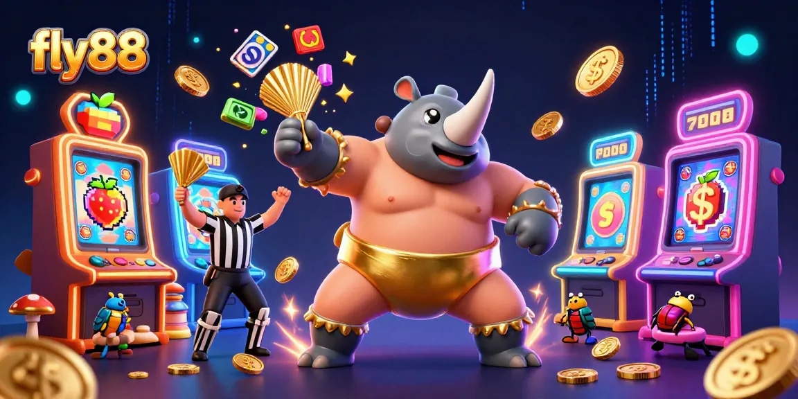 Engage in the thrill of fly88 with a cartoon beetle champion stomping coins amidst lively slot machines.