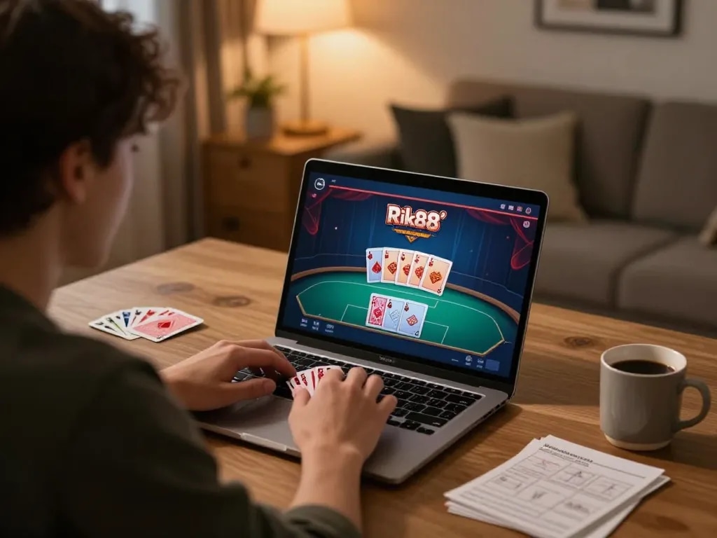 Engaging with Rik88 poker game on laptop in a cozy home gaming setup.