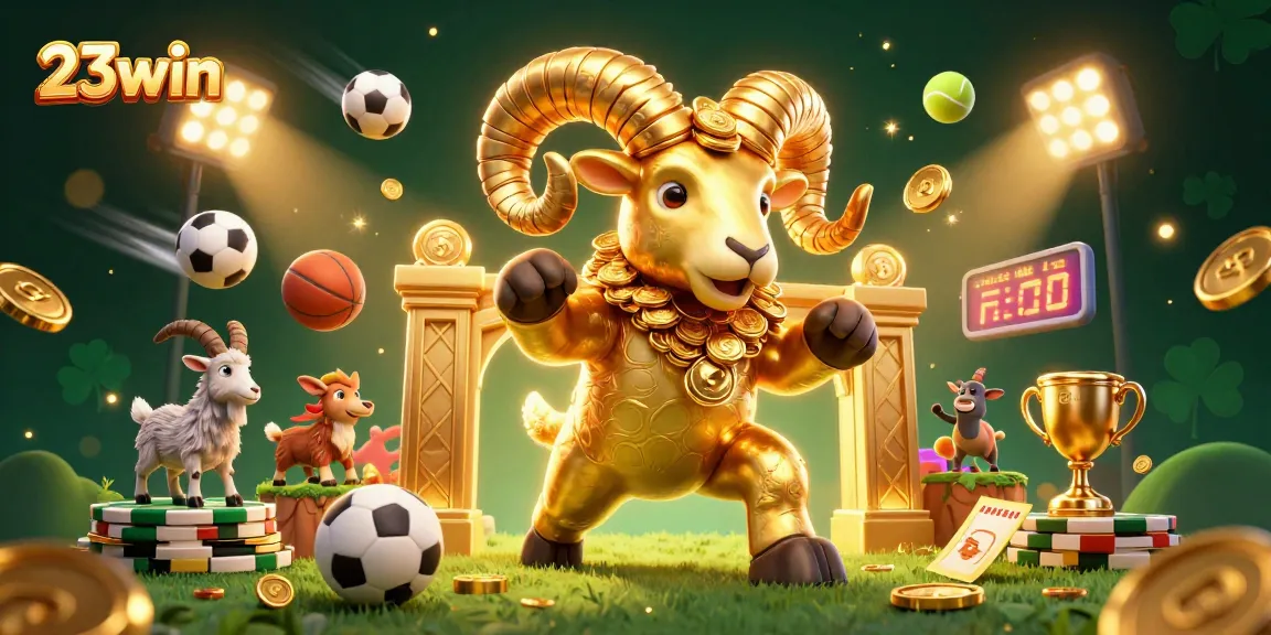 Experience the thrill of 23win with vibrant casino elements and a golden ram charging through the scene!