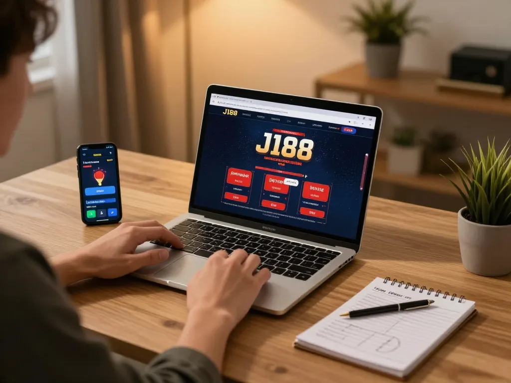Engaging with j188 online casino on a laptop at home, displaying a strategic gaming setup.