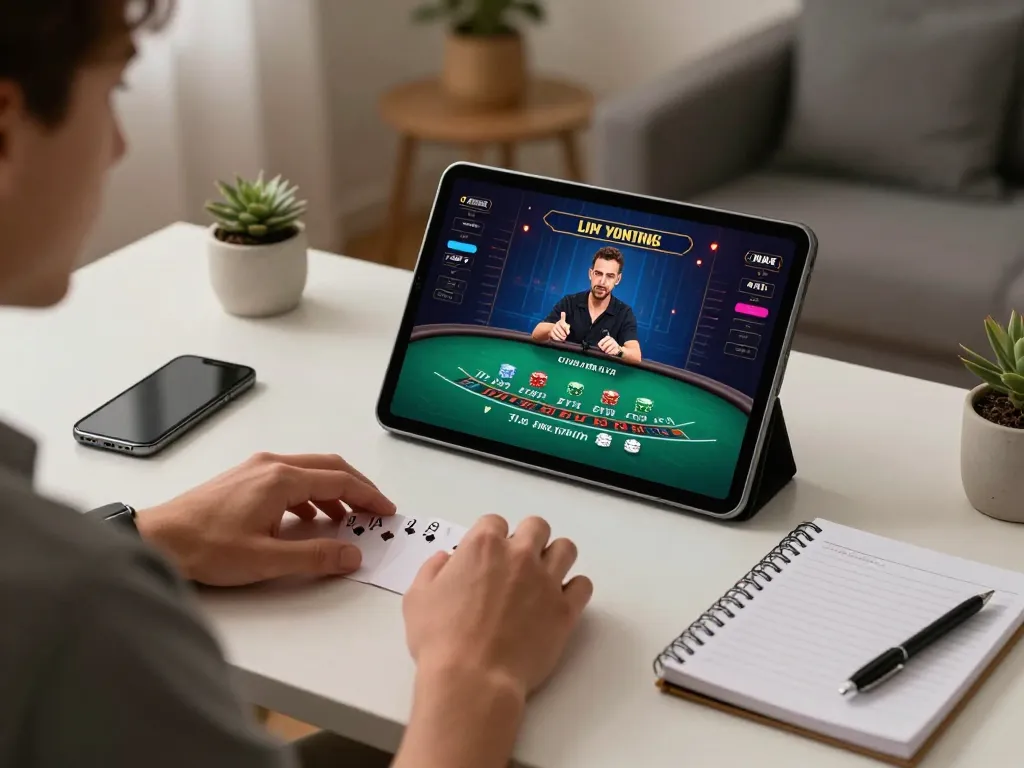 Player enjoying high-stakes blackjack gameplay on Jun88 tablet, emphasizing online gaming excitement.