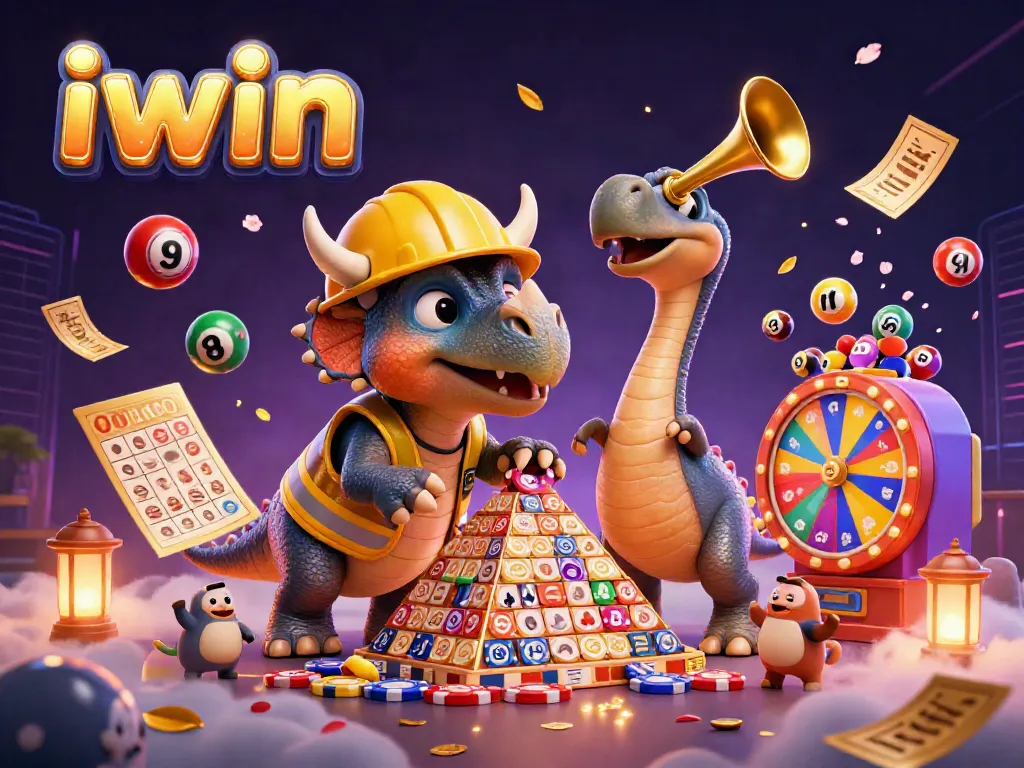 Experience vibrant iwin gaming fun with a cheering triceratops and lottery elements in a dynamic scene.