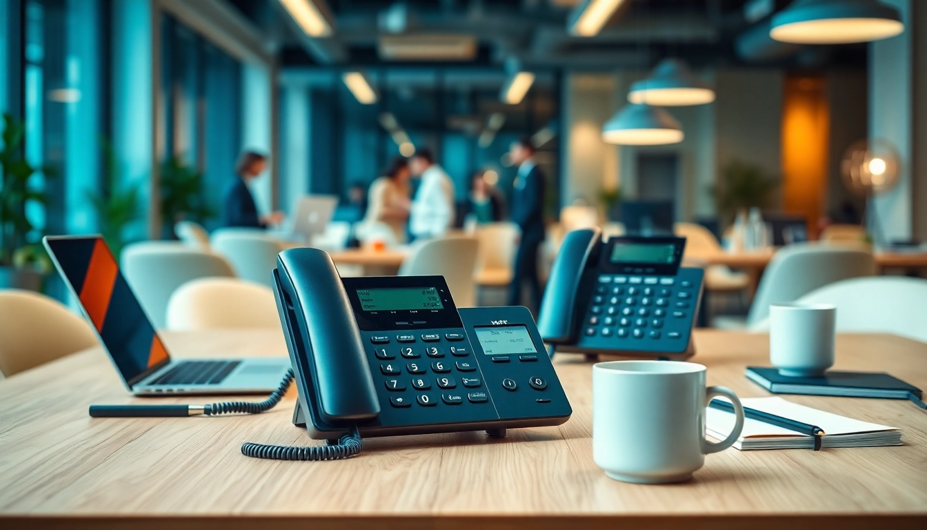 Illustration of business phone providers setup with modern VoIP devices and collaborative office environment.