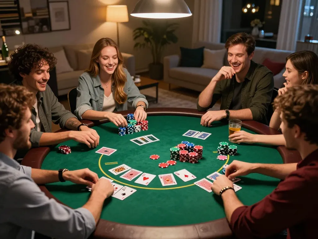 Engaged players enjoying poker with CM 88 chips in lively home atmosphere, cheering and competing.