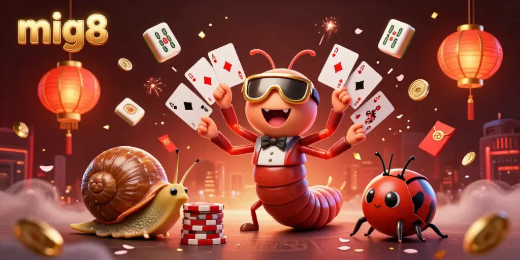 Engage in thrilling games at mig8 with interactive 3D characters and vibrant casino elements.