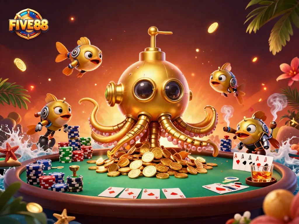 Experience excitement with FIVE88 in this vibrant illustration featuring a golden kraken and poker elements.