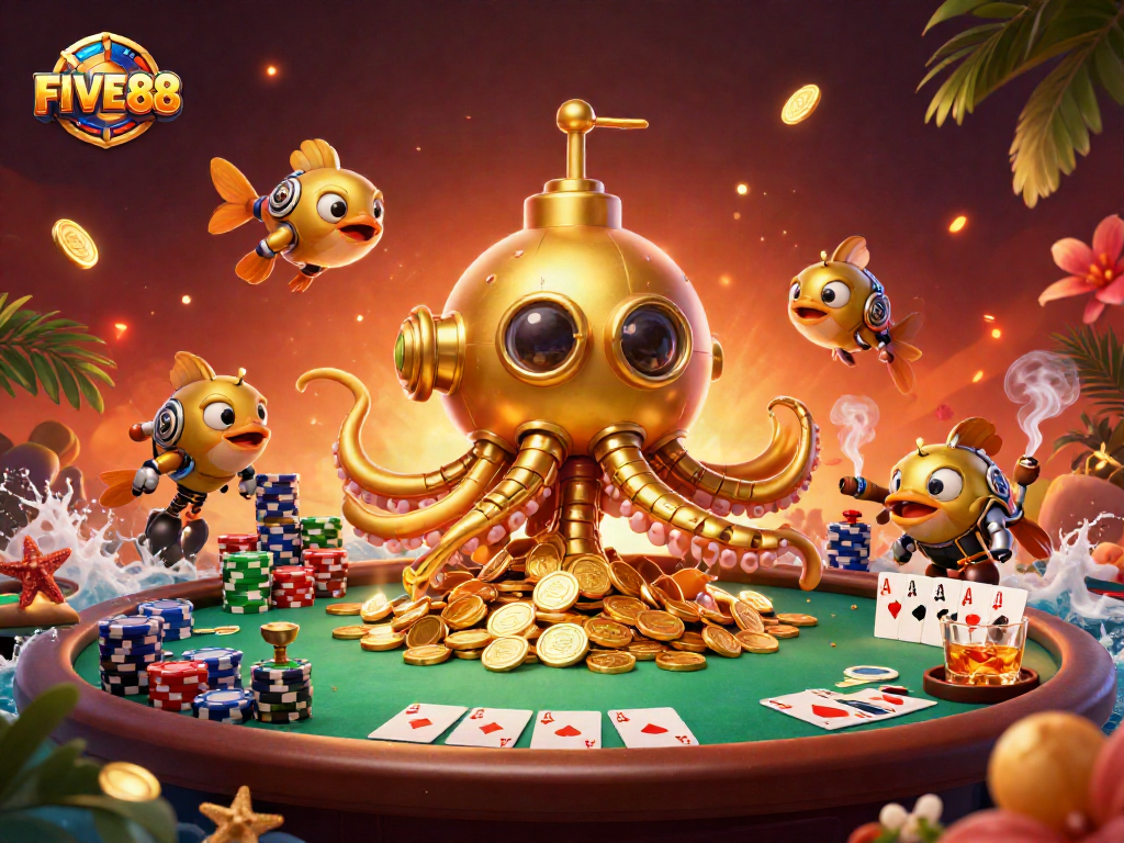Experience excitement with FIVE88 in this vibrant illustration featuring a golden kraken and poker elements.