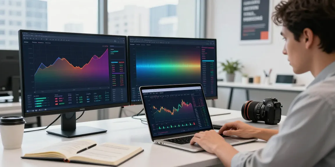 Norden Core trading scene with user analyzing market data on sleek laptop in a modern workspace.