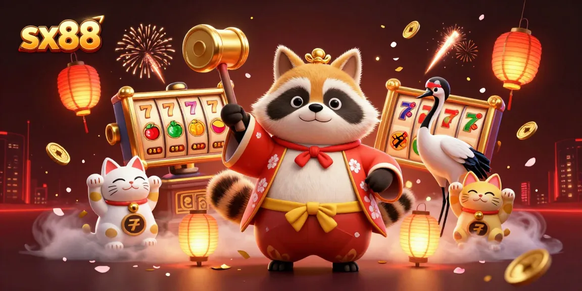 SX88 online casino features a cheerful tanuki and maneki-neko amidst vibrant slot elements and fireworks.