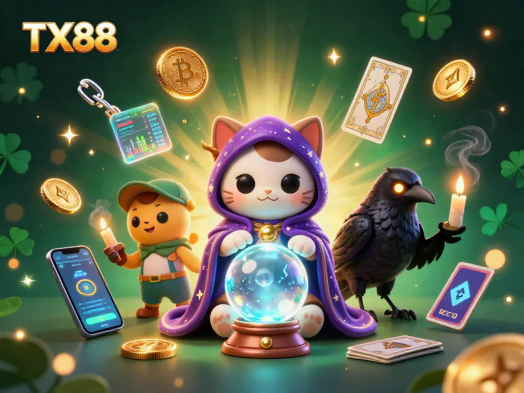 Engage with TX88 as a 3D cartoon cat fortune teller and glowing raven unveil crypto casino secrets.