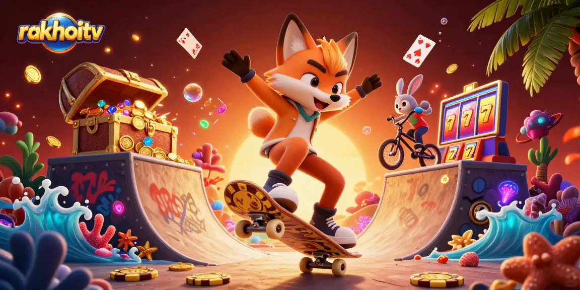 Engage with rakhoitv through vibrant casino-themed illustration featuring animated characters and interactive game elements.