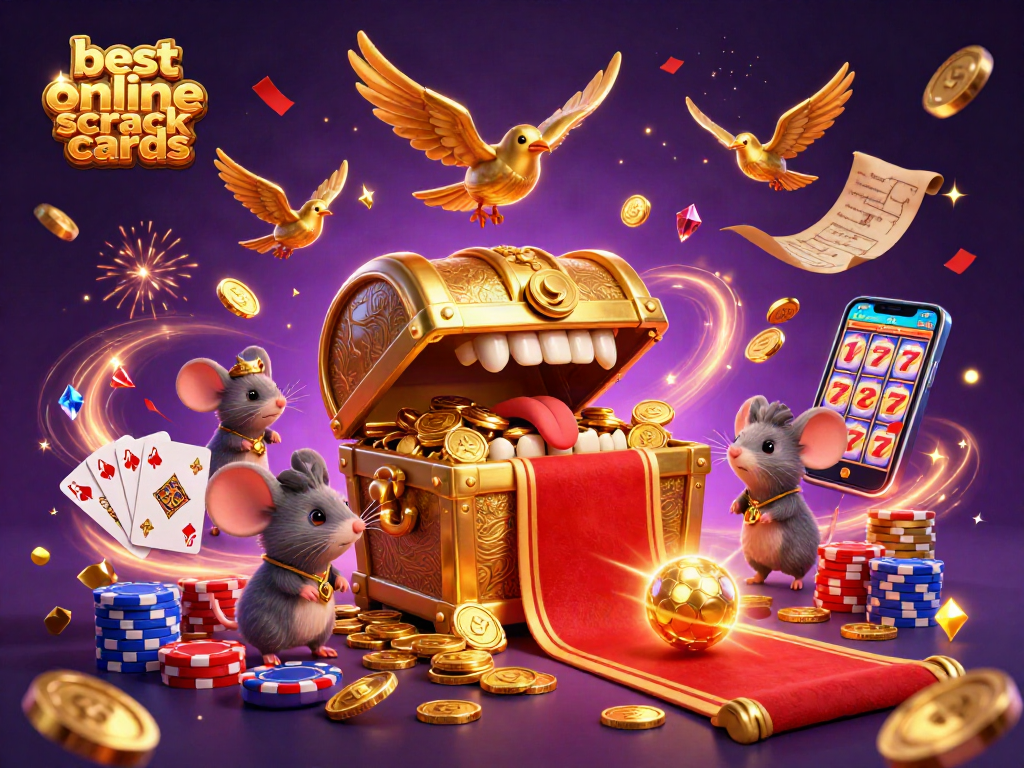 Engage with the best online scratch cards to win real money, featuring a dynamic casino-themed scene.