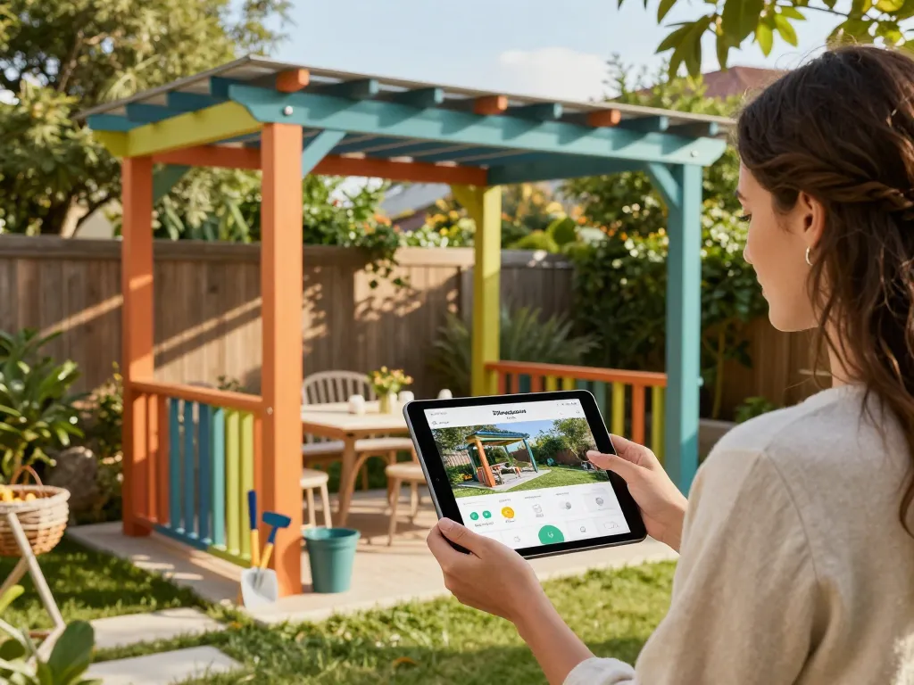 Couple using a 3D Pergola Configurator to visualize their new backyard design with customizable features.