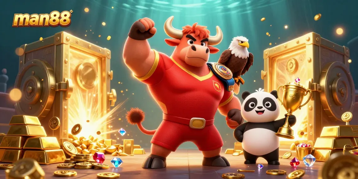 man88 showcases a celebratory scene with a bull mascot, eagle, and panda in an exciting casino setting.
