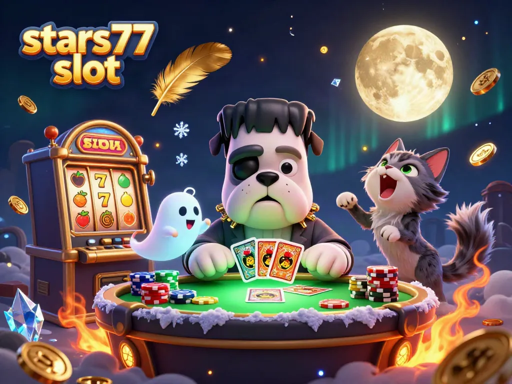 Menang dengan stars77 slot: Menampilkan karakter kasino 3D yang unik dalam suasana seru.